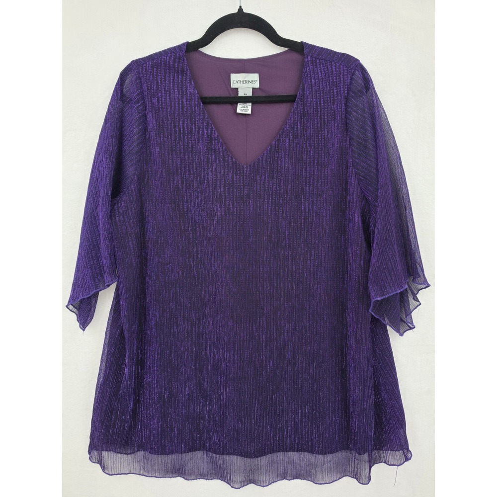 Catherines Womens Purple Metallic Shimmer Top 0X 14/16W Elegant Party Glam Work